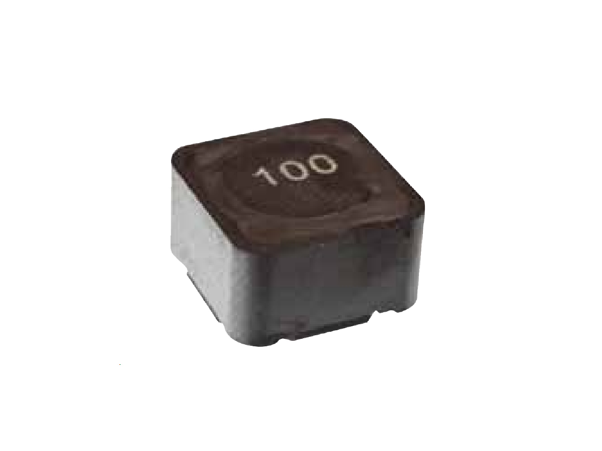 A black, square-shaped electronic component with the number 100 printed on top, likely a power inductor or similar part, isolated on a white background. by Standex Edge