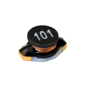 A close-up of a black power inductor with 101 printed on top, featuring visible copper wire coils and gold connectors on each side, isolated on a white background. by Standex Edge
