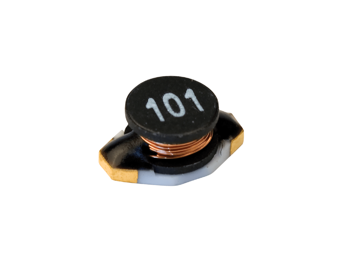 A close-up of a black power inductor with copper wire coils and the number 101 printed on top, shown on a white background. by Standex Edge