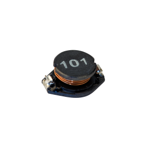A close-up of a black power inductor, specifically a surface mount inductor labeled 101, with visible copper wire coil and metal terminals on a white background. by Standex Edge