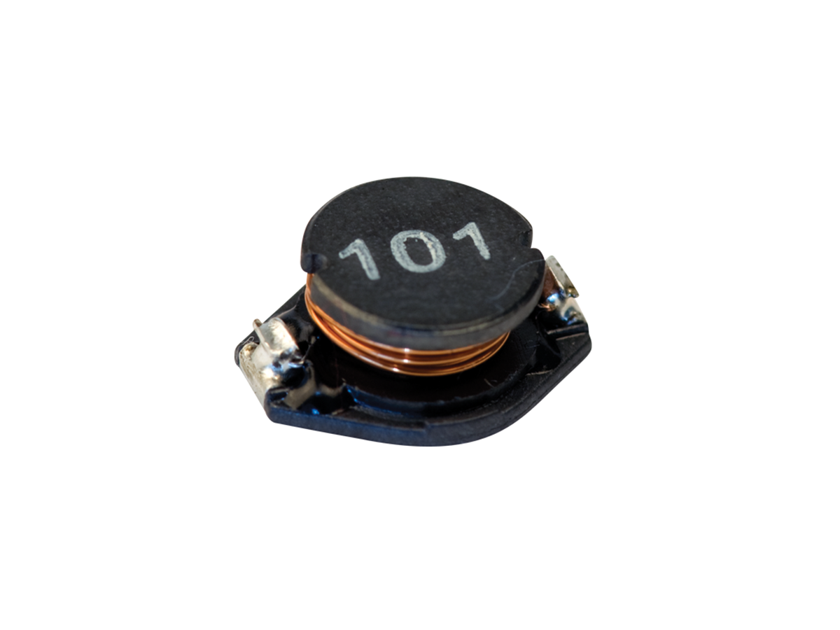 A black power inductor with visible copper wire, labeled 101 in white text on top, is shown on a white background. by Standex Edge