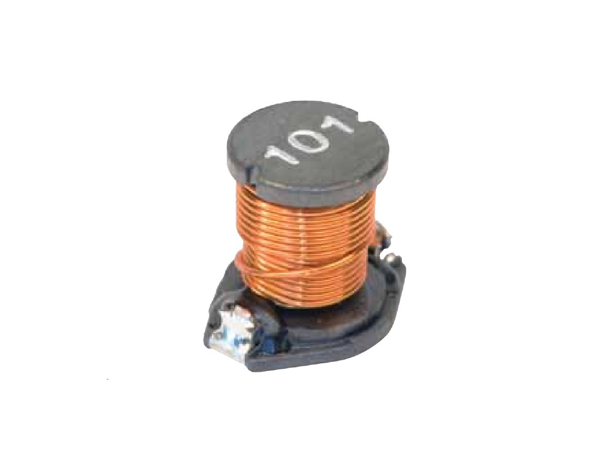 A close-up of a power inductor with copper wire coils wrapped around a black core marked 101 on top, featuring metal terminals for circuit board mounting—ideal for high frequency transformer applications. by Standex Edge