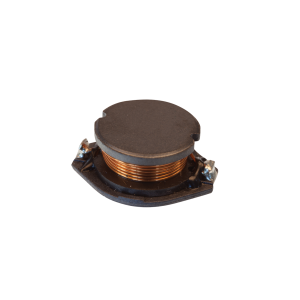 A close-up of a high frequency transformer with a round, flat black top and visible copper wire coils, mounted on a small black base with metal connectors, on a white background. by Standex Edge