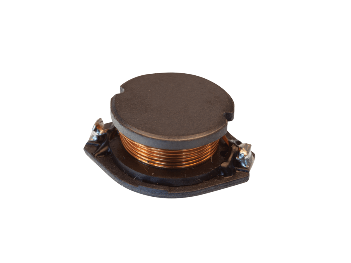 A close-up of a Standex Edge electronic inductor with a black circular core and copper wire coils, mounted on a small black base with two metal terminals, isolated on a white background. by Standex Edge