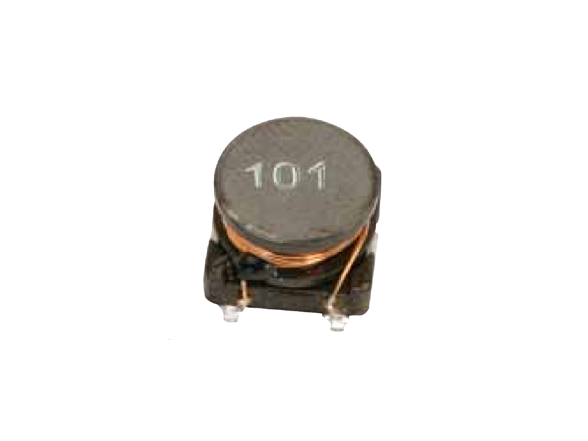 A black cylindrical power inductor with "101" printed on top, copper wire coiled around it, and mounted on a small square base with two metal terminals. by Standex Edge