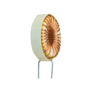 A close-up of a toroidal power inductor with copper wire coils and two metal leads, set against a white background. by Standex Edge