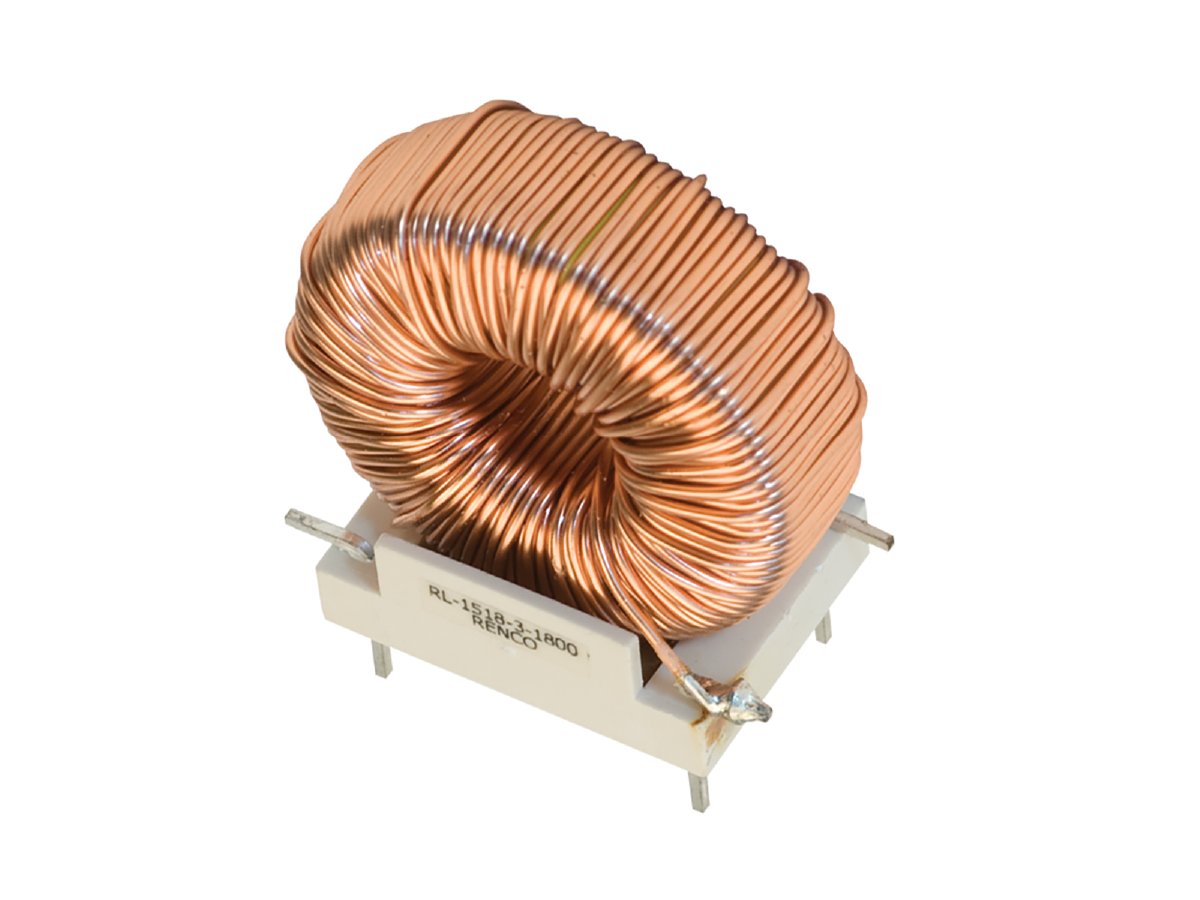A Standex Edge toroidal copper coil power inductor with tightly wound copper wire, mounted on a rectangular white plastic base with four metal legs for circuit board attachment. by Standex Edge