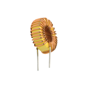 A power inductor with copper wire tightly wound around a yellow, donut-shaped core, featuring two metal leads extending downward for electrical connections—a key component in power magnetics. by Standex Edge