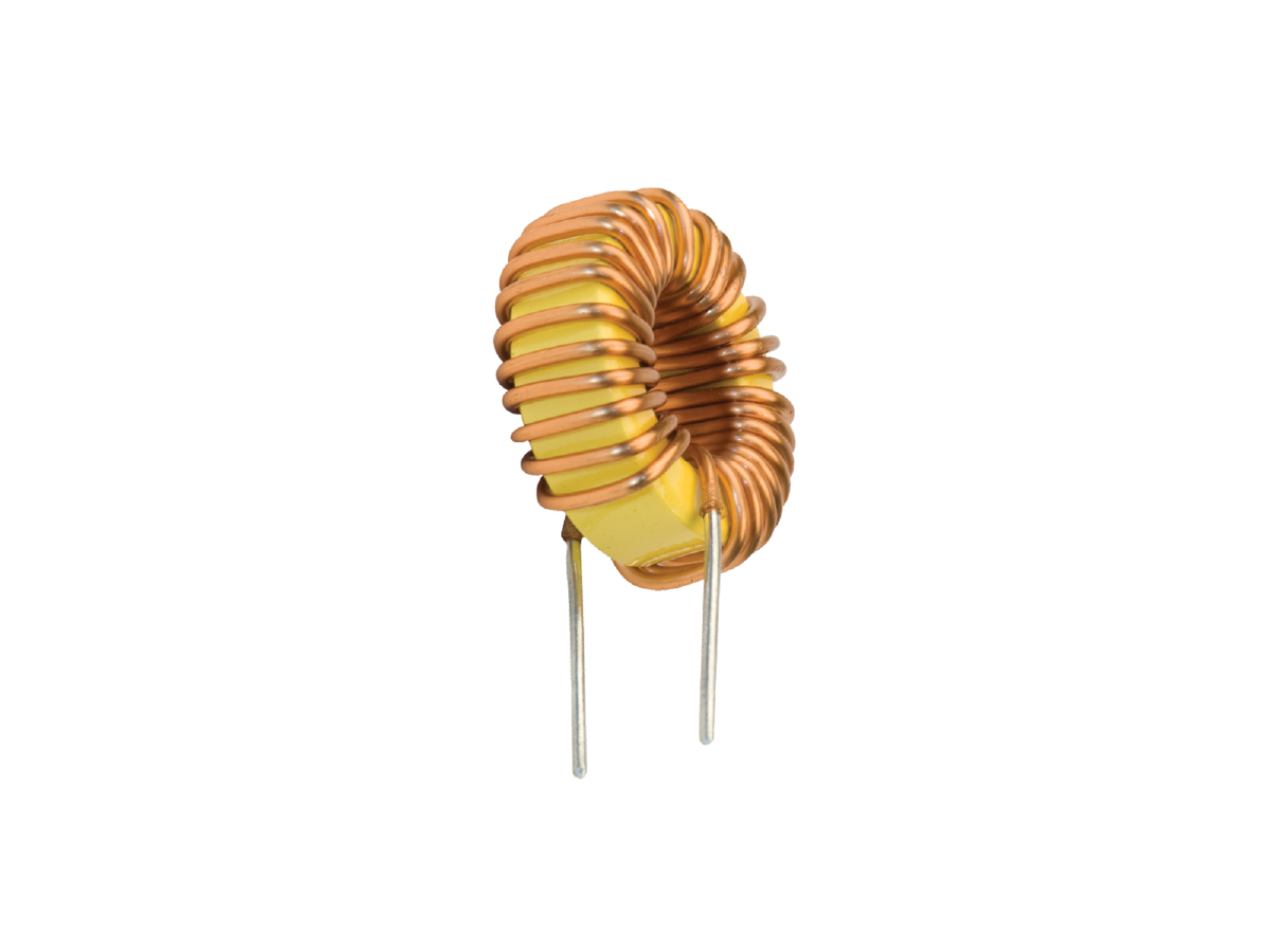 A toroidal power inductor with copper wire tightly wound around a yellow ring-shaped core features two metal leads extending downward, isolated on a white background. by Standex Edge