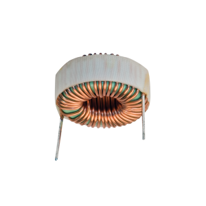 A close-up of a toroidal power inductor with copper wire coils and two metal leads, wrapped with a white insulating band, isolated on a white background. by Standex Edge