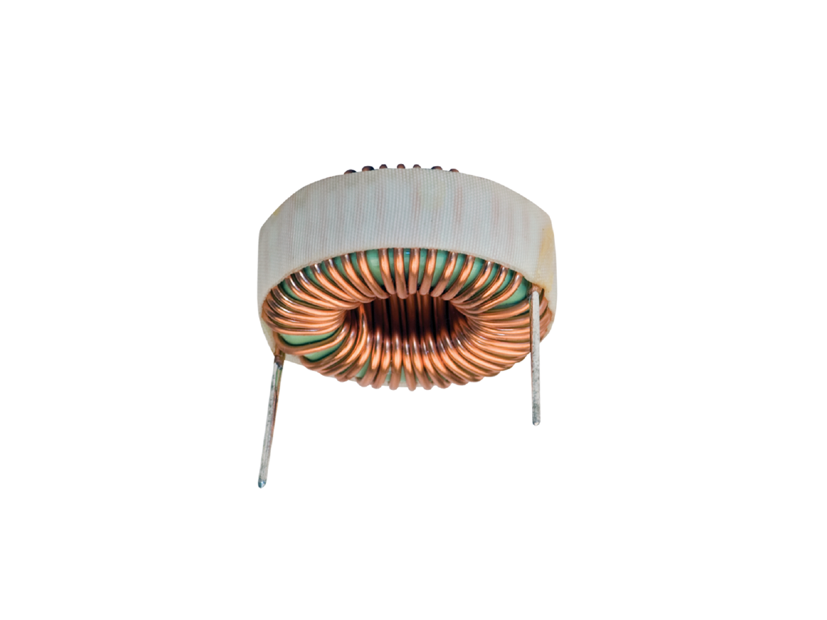 A close-up of a toroidal power inductor with copper wire coils and two metal leads, wrapped with a white band, isolated on a white background. by Standex Edge
