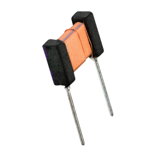 An electronic component with a copper wire coil wound between two black rectangular ends and two metal leads extending downward for circuit board mounting, this Standex Edge power inductor offers reliable performance in compact designs. by Standex Edge