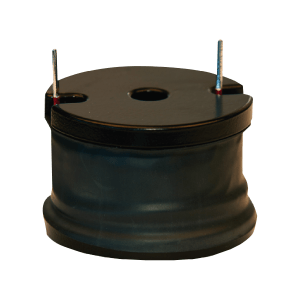 A black cylindrical electronic component with two metal prongs protruding from the top, shown against a white background, often used in power magnetics applications like planar transformers. by Standex Edge