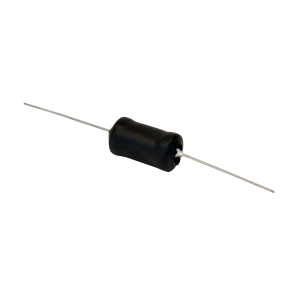 A cylindrical black power inductor with two long, thin metal leads extending from each end, displayed on a white background. by Standex Edge