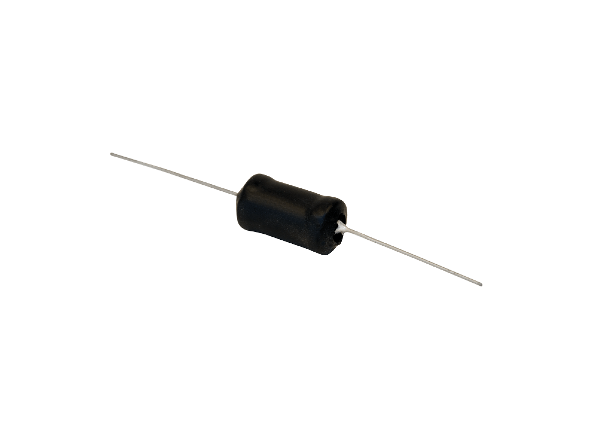 A cylindrical power inductor with a black body and two long, straight metal leads extending from each end, isolated on a white background. by Standex Edge