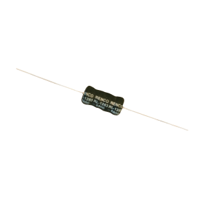 A cylindrical electronic component with two long metal leads extending from each end, featuring white printed text on its dark body, commonly used as a power inductor or in power magnetics, isolated on a white background. by Standex Edge