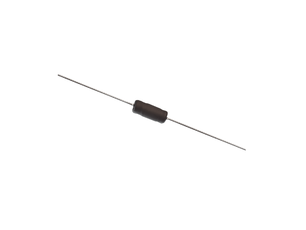 A cylindrical axial-lead resistor, resembling a power inductor, with a black body and two thin metal leads extending from each end, positioned diagonally on a white background. by Standex Edge