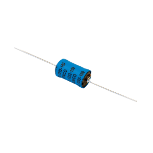 A cylindrical blue electrolytic capacitor with two long metal leads extending from each end, isolated on a white background. Black text with specifications is printed on the capacitor body, suitable for use with a planar transformer. by Standex Edge