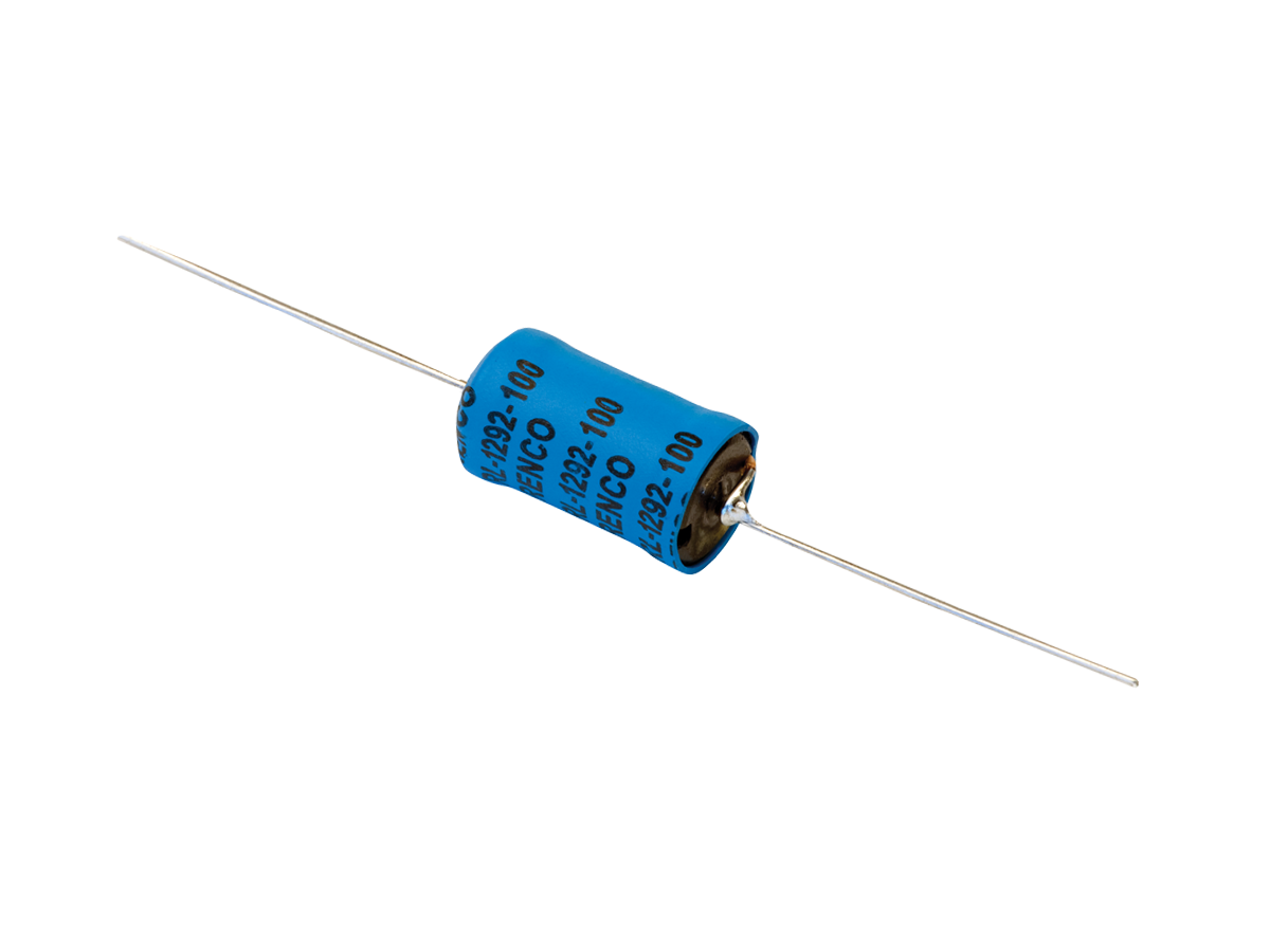 A blue cylindrical electrolytic capacitor with two long metal leads extending from each end rests on a white background. The capacitor body features black printed specifications and is often used alongside power magnetics in electronic circuits. by Standex Edge
