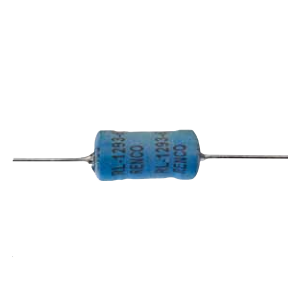 A blue cylindrical resistor with metal leads extending from both ends, featuring black printed text and numbers on its body, often used alongside high frequency transformer components in electronic circuits. by Standex Edge