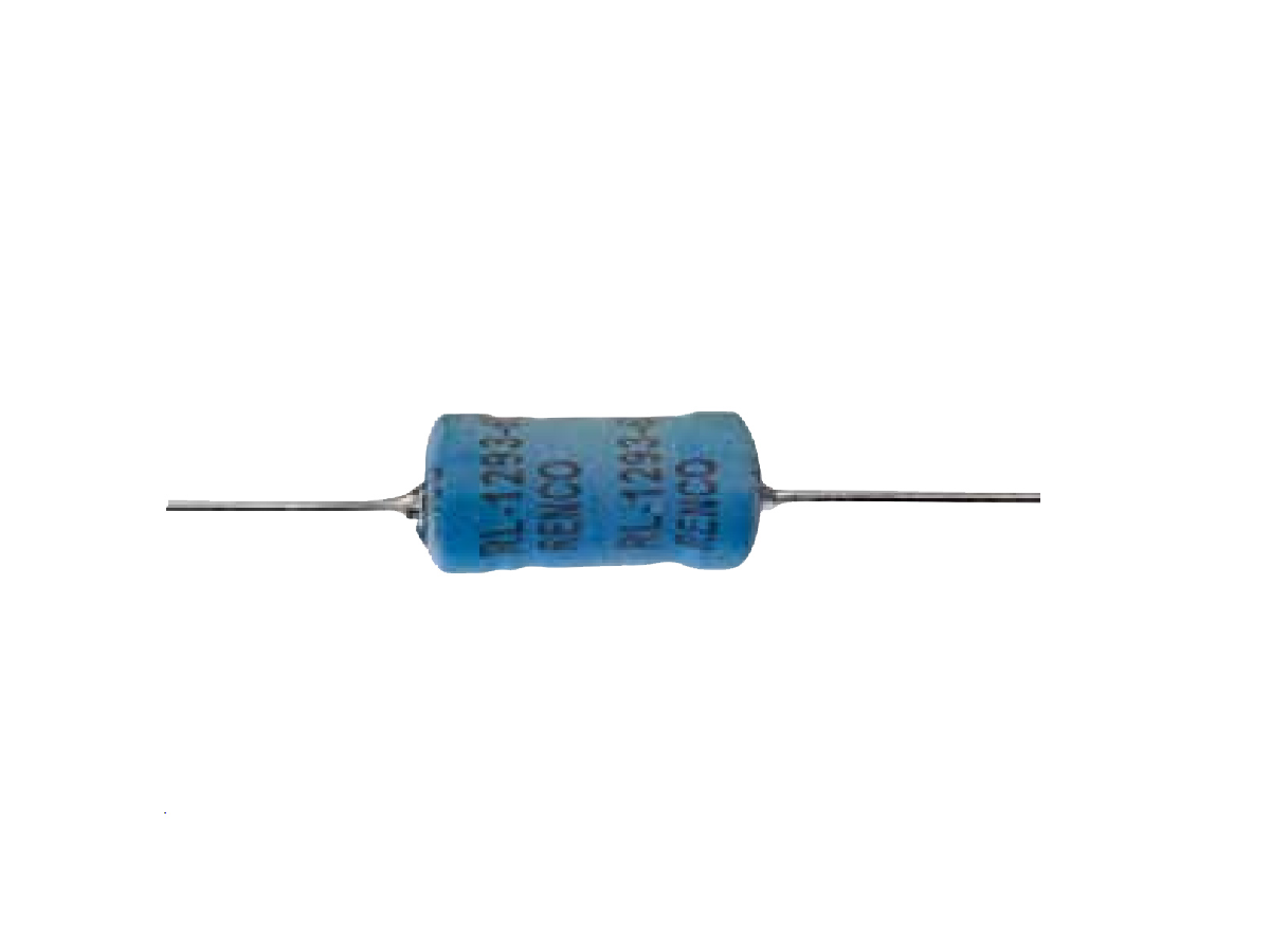 A blue cylindrical power inductor with metal leads extending from both ends, labeled with black text including RL-1234 and RENCO from Standex Edge. by Standex Edge
