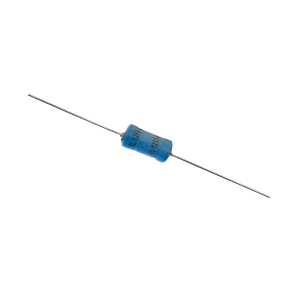 A blue cylindrical resistor with two long metal leads extending from each end, positioned diagonally on a white background, sits beside a compact power inductor from the Standex Edge series. by Standex Edge