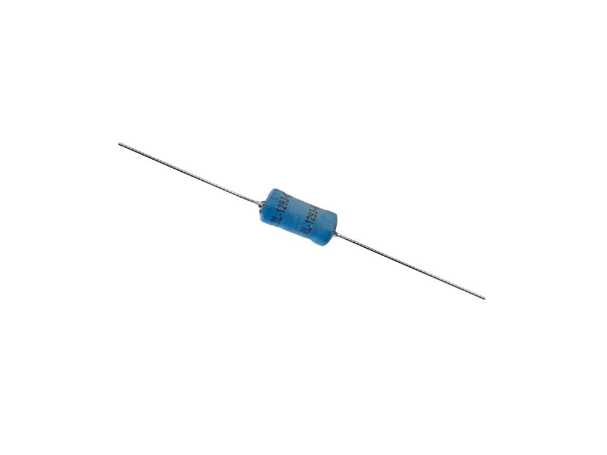 A blue cylindrical axial lead resistor with metal wires extending from both ends, similar in form to components used alongside power inductors, isolated on a white background. by Standex Edge