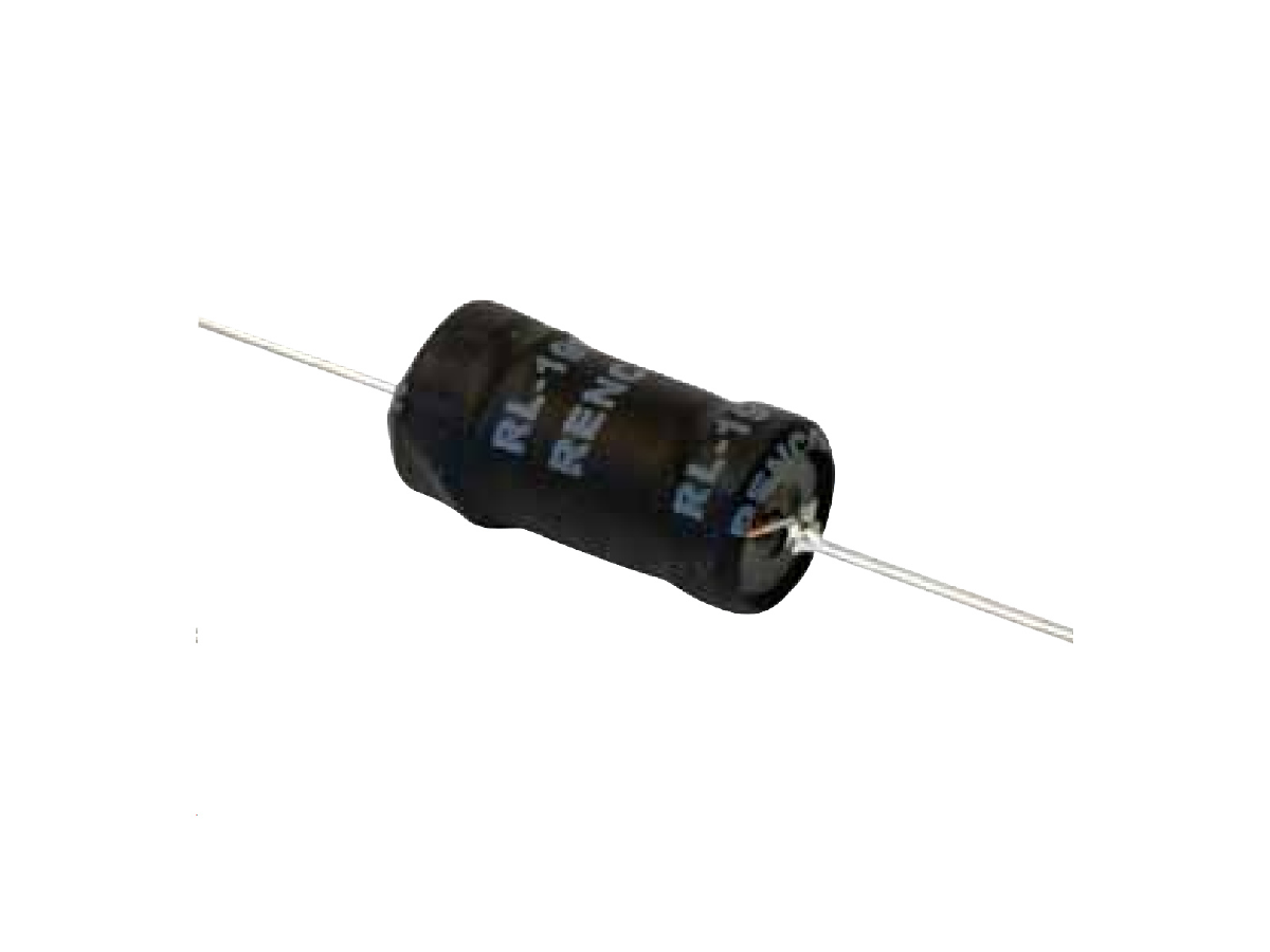 A black cylindrical resistor with axial leads extending from both ends is positioned on a white background, next to a high frequency transformer. by Standex Edge