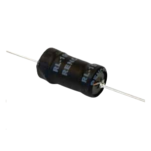 A cylindrical black resistor with silver leads extending from both ends, placed against a white background. White alphanumeric markings are visible on the body, commonly found alongside power magnetics and high frequency transformer components. by Standex Edge