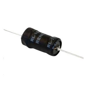 A black cylindrical resistor with silver text and two metal leads extending from each end, used in electronic circuits such as power inductors. The background is white. by Standex Edge