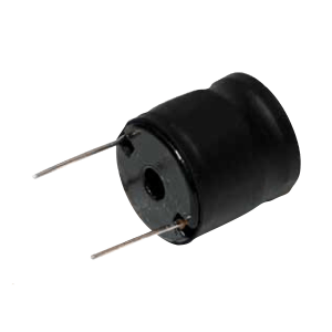 A small, cylindrical black electronic component with two metal leads extending from its base, often used as a buzzer or piezoelectric speaker in electronic circuits. Similar to a power inductor in size, it is essential for sound signaling applications. by Standex Edge
