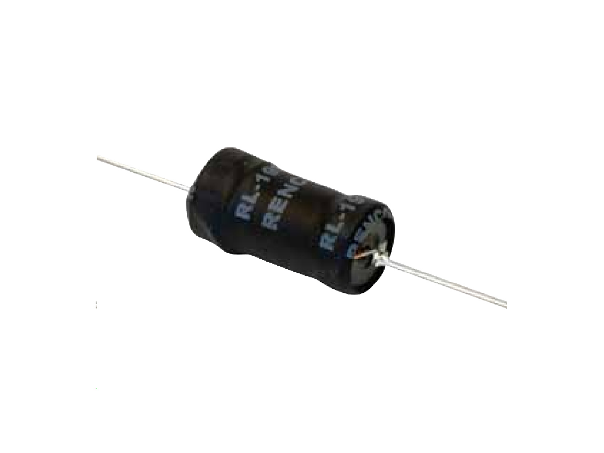 A black cylindrical electronic resistor with silver leads extending from both ends, shown against a white background. White markings with technical specifications are visible, highlighting its use in power magnetics and compatibility with Standex Edge solutions. by Standex Edge