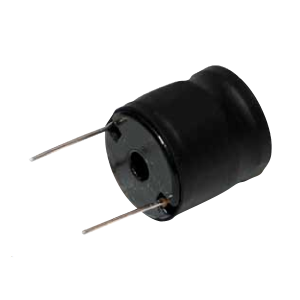 A small black cylindrical electronic component, likely a Standex Edge power inductor, with two metal leads extending from its base, shown on a white background. by Standex Edge