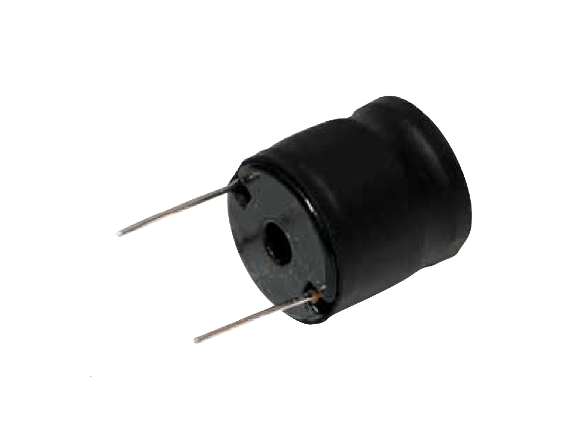 A small black cylindrical electronic component with two metal pins protruding from its base, resembling a Standex Edge power inductor or planar transformer, isolated on a white background. by Standex Edge