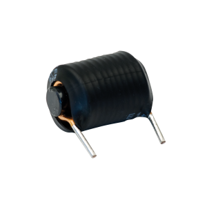 A close-up of a cylindrical black electronic component, likely used in power magnetics, with two metal leads extending from its base, isolated on a white background. by Standex Edge