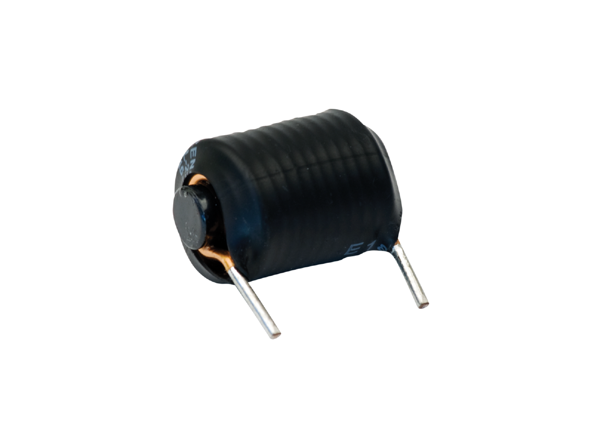 A close-up of a cylindrical electronic component, likely an inductor used in power magnetics, with a black body and two metal leads extending from the bottom, isolated on a white background. by Standex Edge