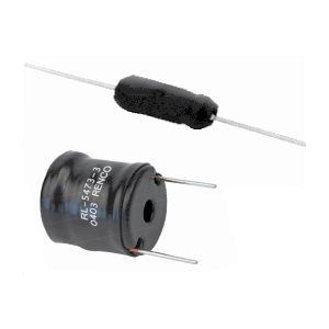 Two different inductors: one is a cylindrical axial lead inductor with a black casing, and the other is a larger, round, radial lead inductor labeled “RL-5473-3 0405 RENCO,” highlighting advances in power magnetics. by Standex Edge