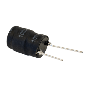 A close-up of a black cylindrical electrolytic capacitor with two metal leads extending from one end, isolated on a white background. The capacitor is labeled with white text and shown alongside a power inductor for comparison. by Standex Edge