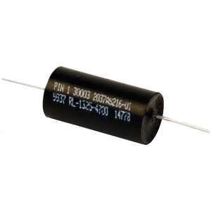 A black cylindrical capacitor with two metal leads extending from each end, featuring white printed text showing part numbers and technical specifications, commonly used in power magnetics applications. by Standex Edge