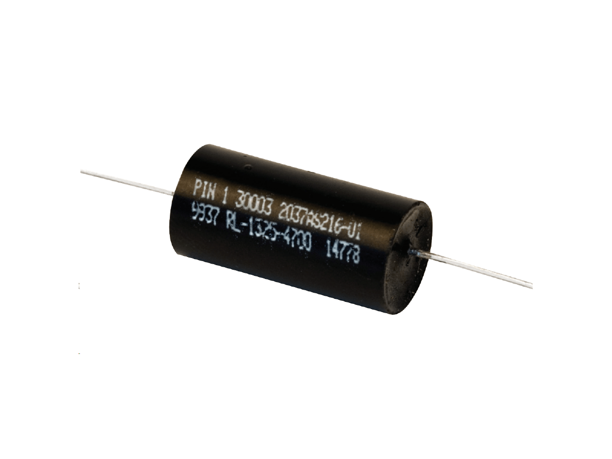 A black cylindrical electronic capacitor with metal leads extending from both ends, featuring white alphanumeric markings on its surface. Similar in appearance to a power inductor, it is isolated on a white background. by Standex Edge