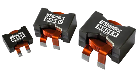 Three electronic inductors of different sizes are shown. Each power inductor has a black rectangular body labeled Standex MEDER and exposed copper wire coils with two metal terminals at the bottom. by Standex Edge