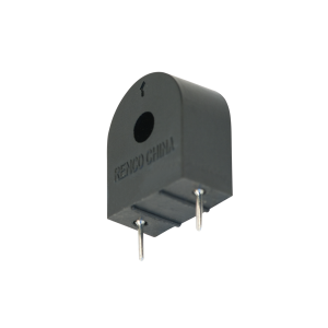 A black, semicircular electronic component with two metal pins at the bottom, labeled RENCO CHINA, is shown against a white background. This power inductor is commonly used in power magnetics applications. by Standex Edge