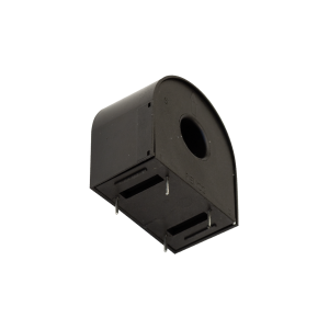 A black plastic electronic component with a semicircular top and central hole, featuring four metal pins protruding from the bottom, likely serving as a high frequency transformer, set against a white background. by Standex Edge