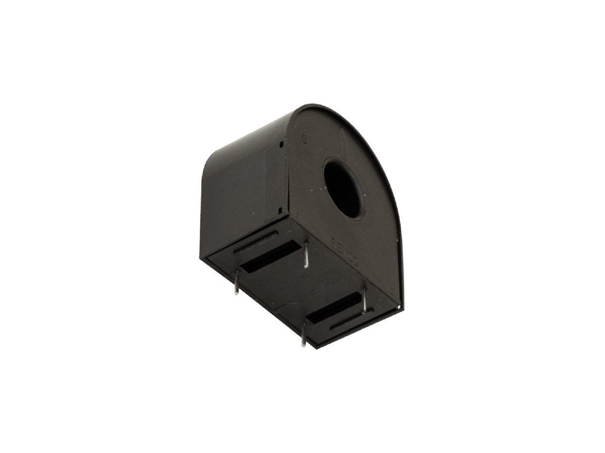 A black, semicircular power inductor with a central hole and four metal pins protruding from the bottom, isolated on a white background. by Standex Edge