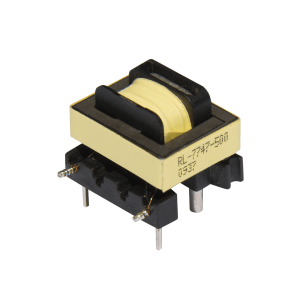 A yellow and black high frequency transformer component with four metal pins and markings on the side, designed for mounting on a circuit board. Ideal for power magnetics applications. by Standex Edge