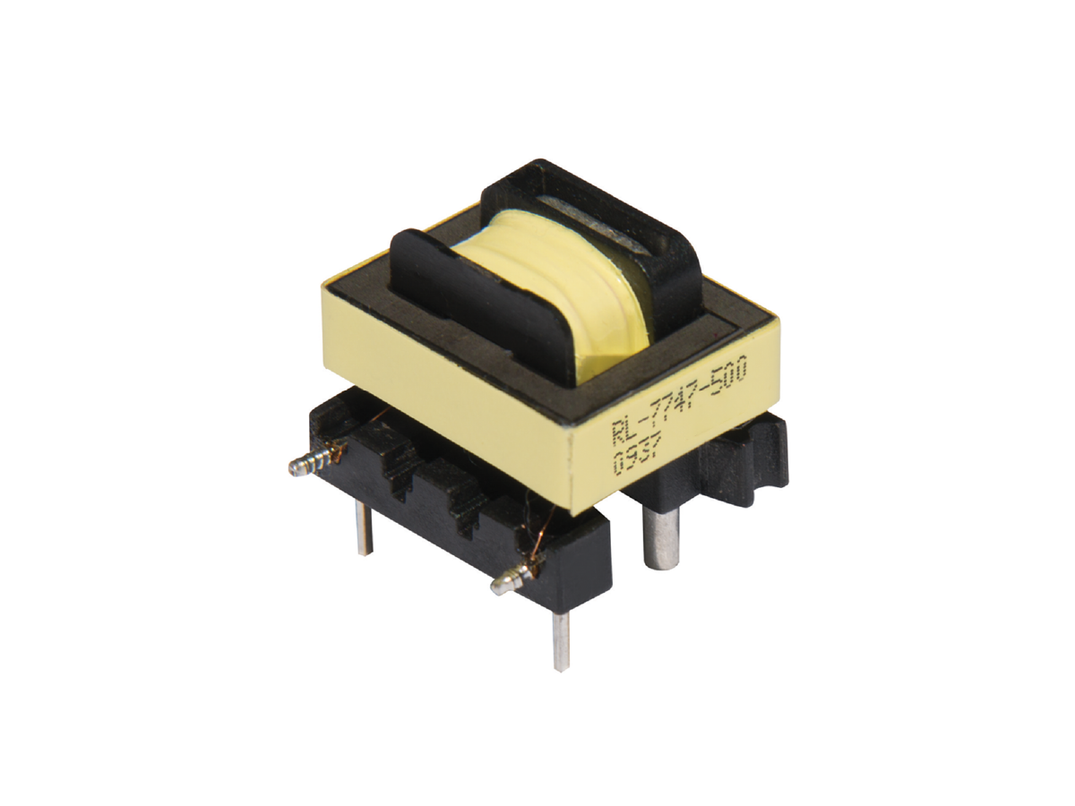 A small Standex Edge electronic transformer with a yellow and black rectangular body, metal pins for circuit board mounting, and printed labeling on the side, ideal for power magnetics applications. by Standex Edge