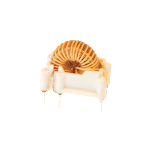 A close-up of a power inductor with copper wire coiled into a toroid shape, mounted on a white plastic base with four metal pins extending downward. by Standex Edge