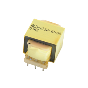 A yellow planar transformer labeled RLD-2220-10-90 0743 features four metal pins at the base, displayed on a white background. by Standex Edge