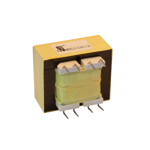 A yellow rectangular high frequency transformer component with multiple metal pins, labeled “RLD-2240-5-20” on top, isolated on a white background. Suitable for applications such as Standex Edge power inductors. by Standex Edge