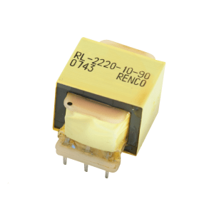 A yellow rectangular planar transformer with four metal pins and the markings RL-2220-10-90 0743 RENCO printed on top. This electronic component is isolated on a white background. by Standex Edge
